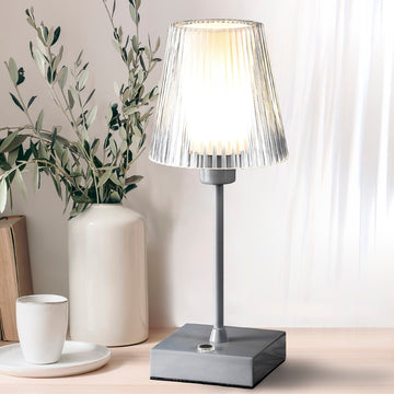 Oscar 12.5" Modern Industrial Rechargeable/Cordless Iron/Acrylic Integrated LED Table Lamp with Ribbed Shade